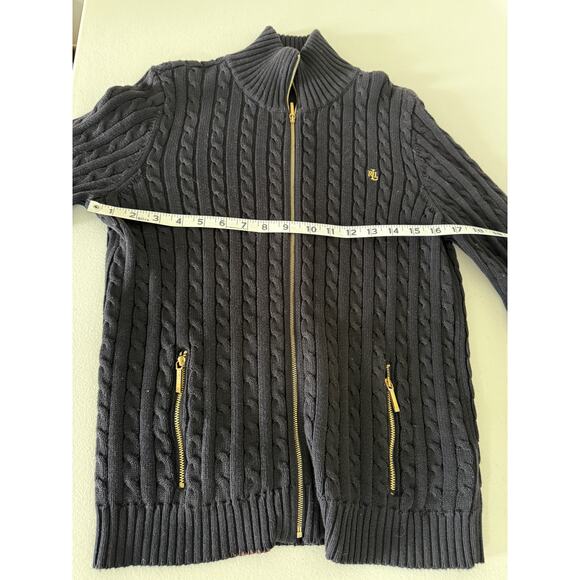 Lauren Ralph Lauren Black Cable knit Turtleneck Zip Cardigan Sweater M Holiday - Picture 5 of 7